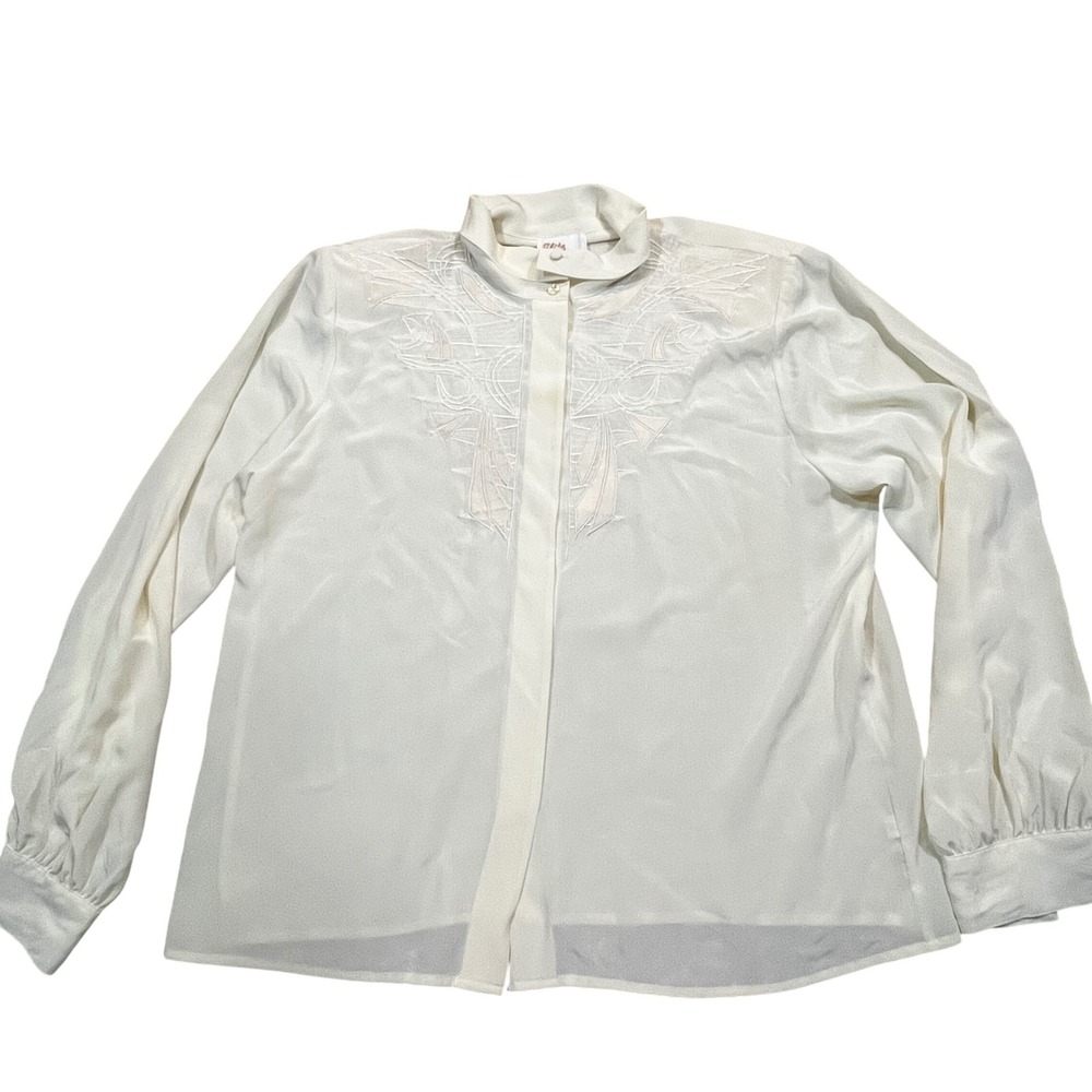 Vintage Elite International Cream Embroidered Blouse Womens 14 Long Sleeve‎